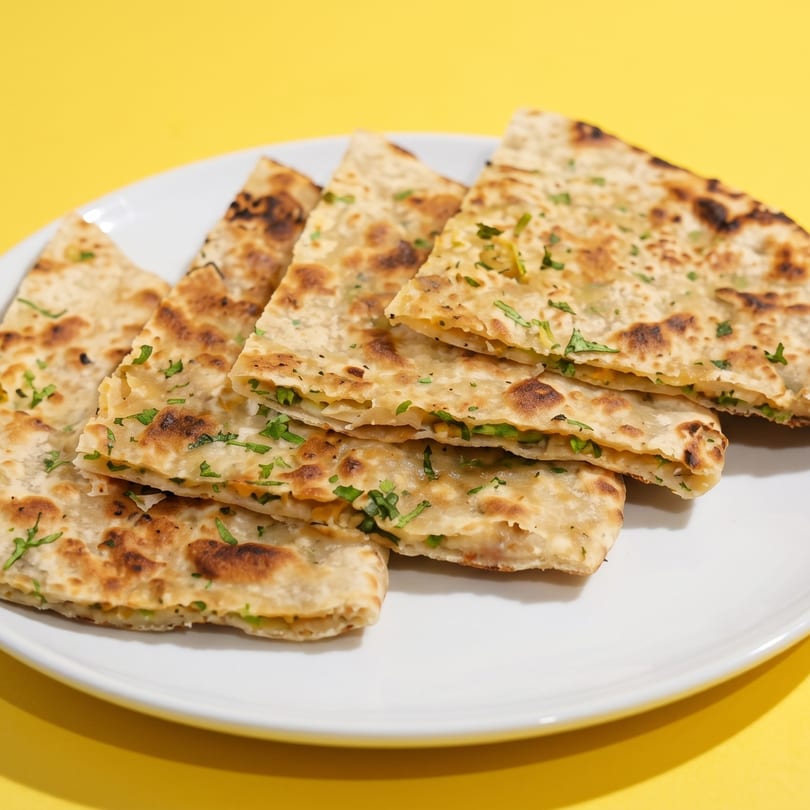Golden-brown flatbread slices, garnished with fresh green herbs, are arranged on a white plate.