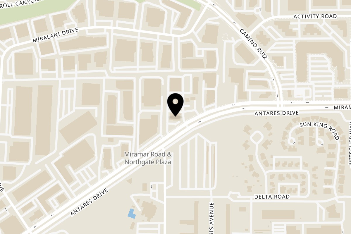 Map showing the location of Sattvik Foods on 8650 Miramar Rd ste b in San Diego